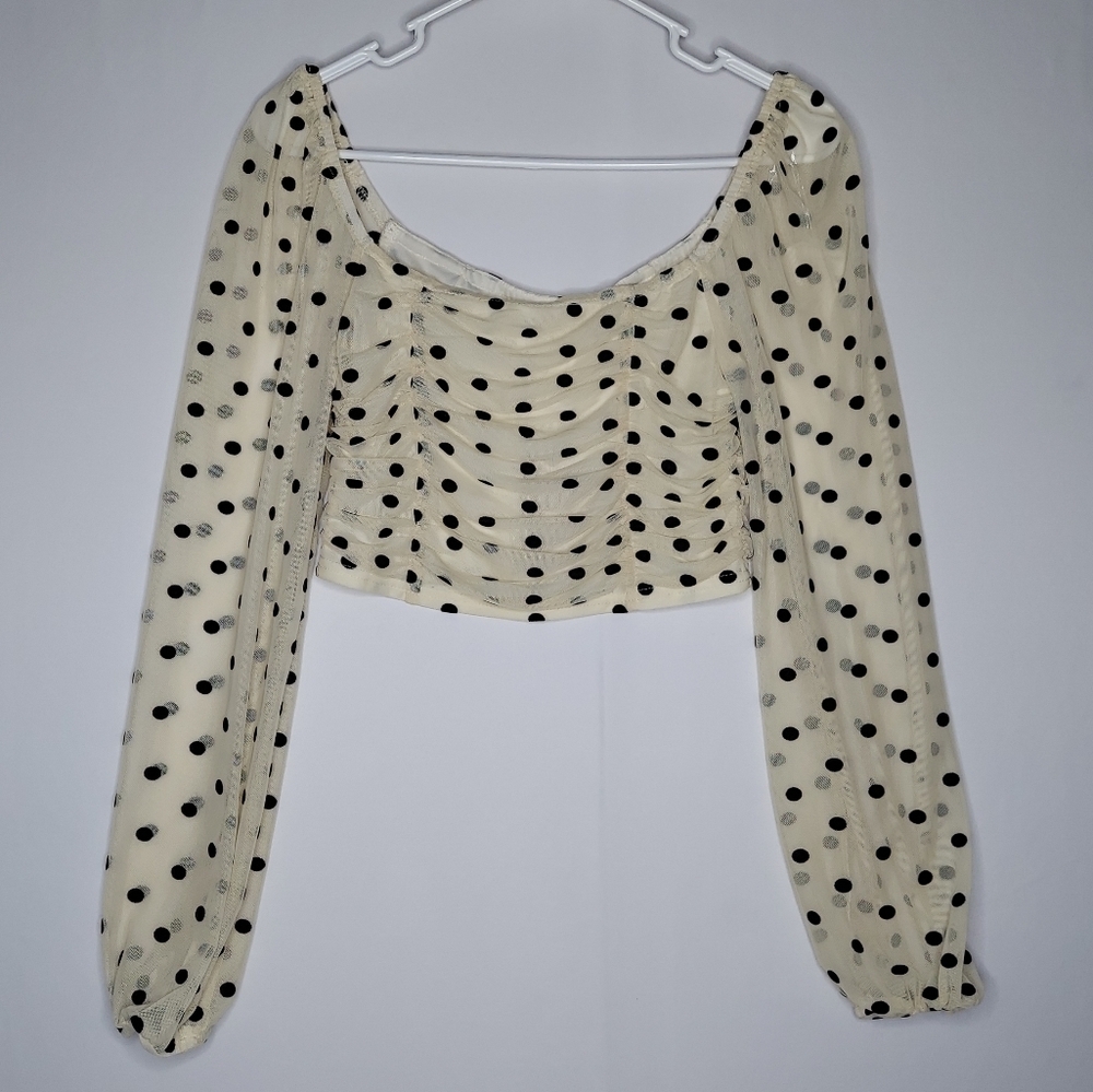 Style Rack Crop‎ Top Jrs Medium Cream Black Polkadot Ruched Mesh Puffed Sheer
